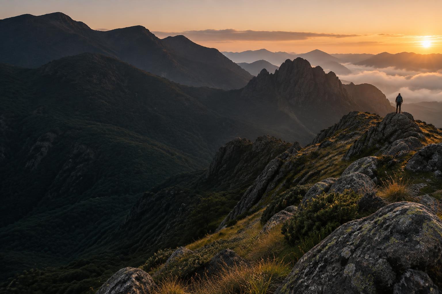 Montanhista diante das montanhas do Sudeste ao amanhecer